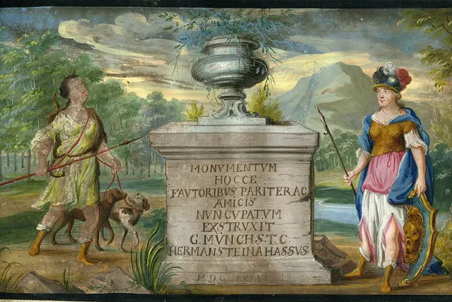 Vanha käsin väritetty kuvitus 1700-luvun runokirjasta: mies koiran kanssa ja nainen seisovat kivimuistomerkin luona puutarhassa.