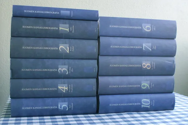 Rivissä sinisiä kirjasidoksia, joiden selässä lukee Suomen kansallisbiografia ja osan numero.