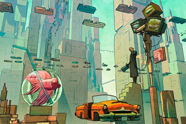 Surrealistinen piirroskuva scifi-kaupungista: lentäviä autoja, korkeita torneja ja pallon sisällä uiva kalahahmo.