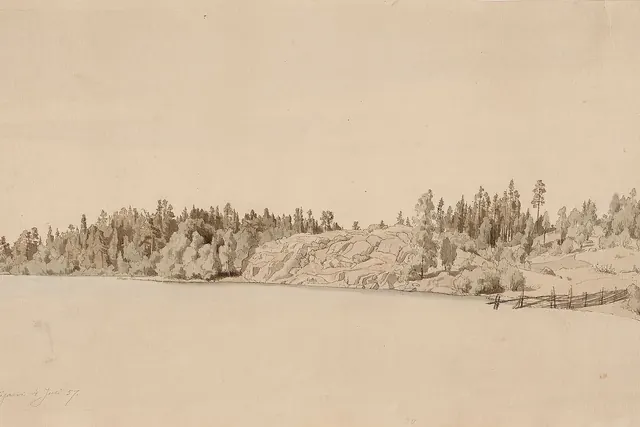 Vaalea piirros- ja vesivärimaisema järven rannasta ja puustoisesta niemestä.